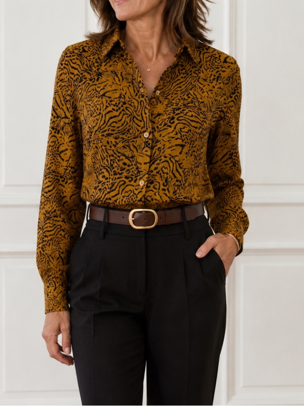 Philosophy Mustard and Black Animal-Print Button Down Shirt